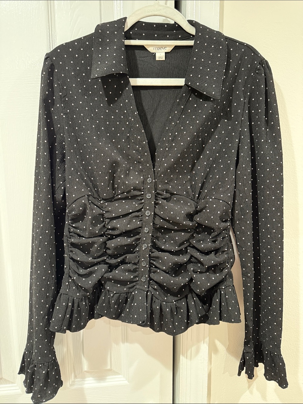 Maeve Black with White Polka Dots Ruched Button-Front Blouse